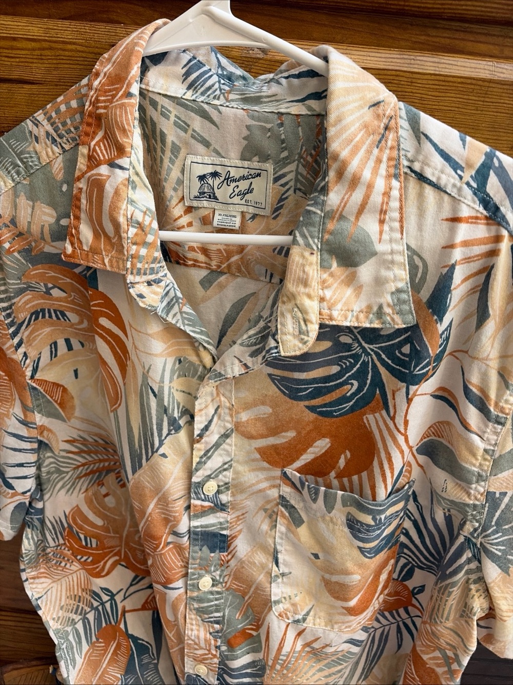American Eagle Outfitters Men’s Orange, Blue & Cream Tropical Button-Down Shirt